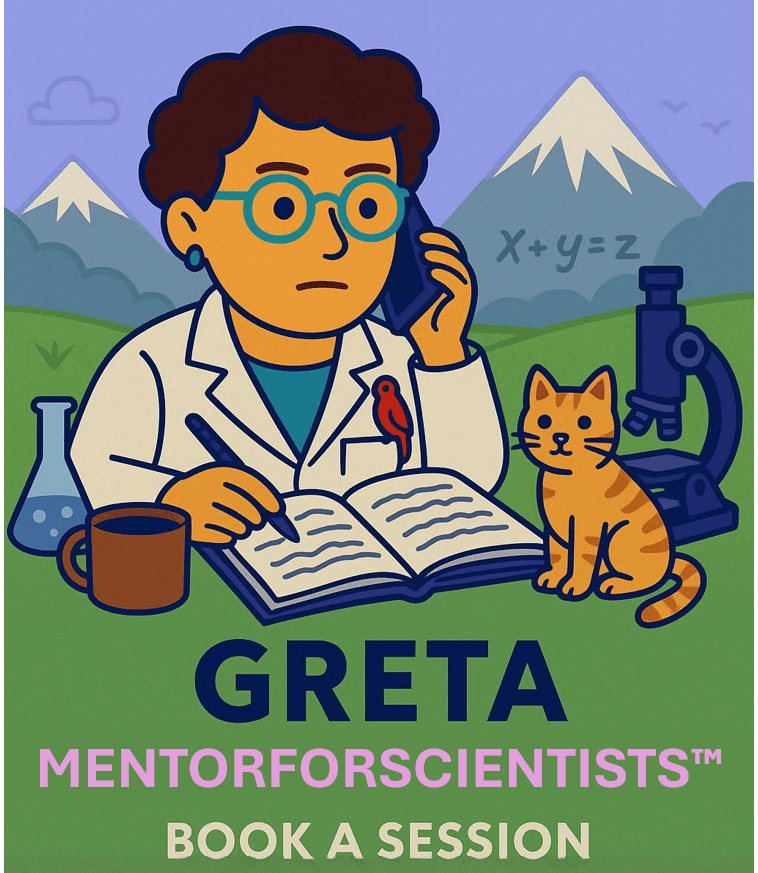 Illustration of a scientist with curly hair, wearing glasses and a lab coat, holding a phone to their ear. They are sitting at a desk with an open notebook, a cat beside them, and laboratory equipment in the background, against a scenic mountain landscape.