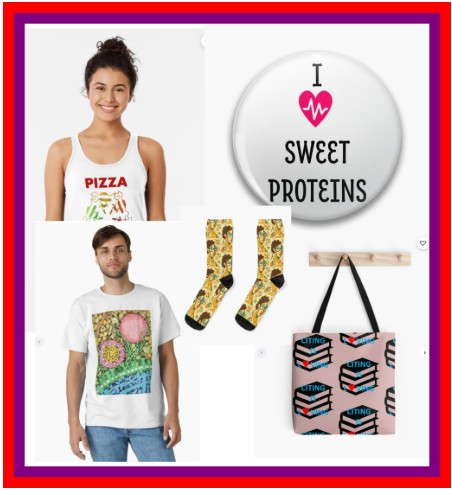 A collage of trendy apparel and accessories THAT ARE PERFECT PRESENTS AND GIFTS FOR YOUR PHD OR SCIENTISTS FRIEND including a woman wearing a tank top with 'PIZZA' printed on it, a man in a colorful graphic T-shirt, funky patterned socks, a button that reads 'I SWEET PROTEINS,' and a stylish tote bag.