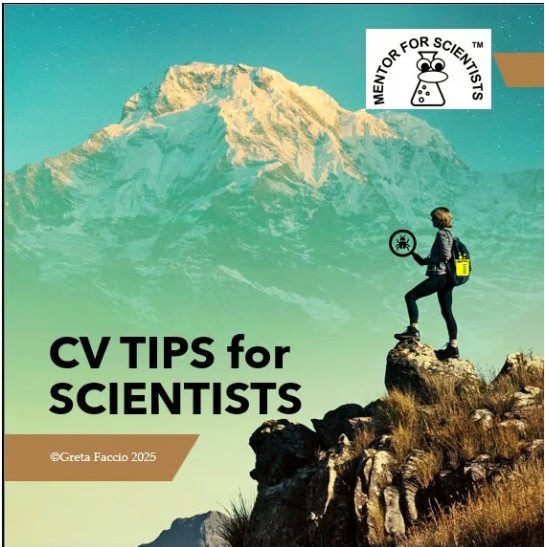 A person standing on a rocky peak overlooking a mountain range, holding a clipboard, with the text 'CV TIPS for SCIENTISTS' and a logo for 'MENTOR FOR SCIENTISTS' in the corner.